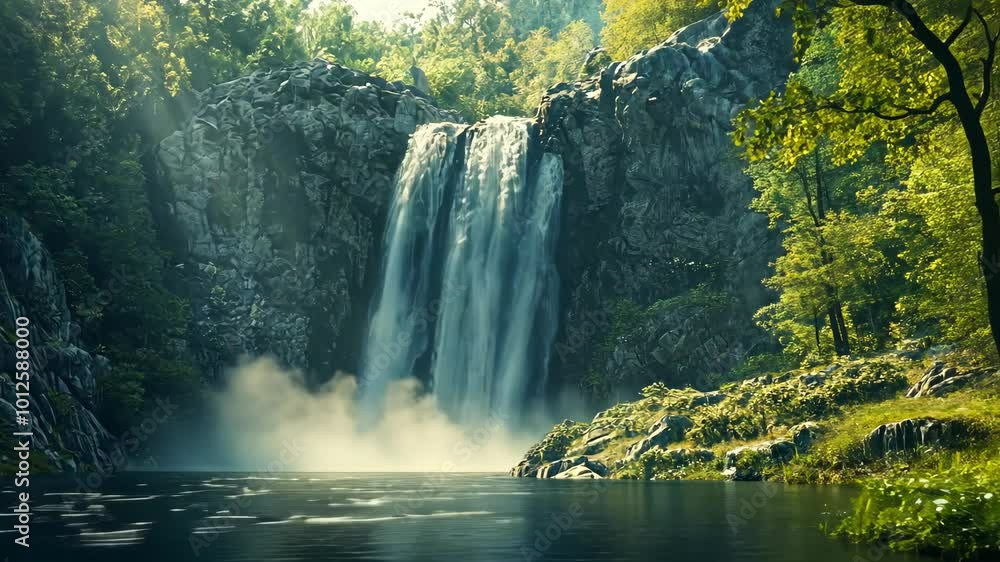 Poster a large waterfall cascades down a rocky cliff, creating a mist that hangs in the air, surrounded by 