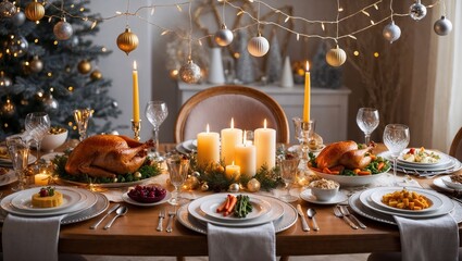 Elegant New Year's Feast with Delicious Dishes and Decorations