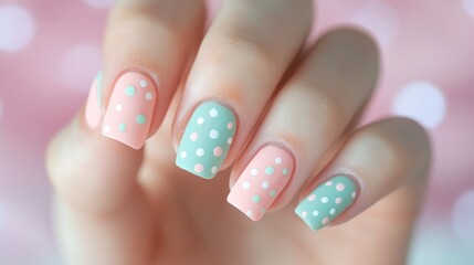 A soft and feminine nail art design with pastel polka dots on a light pink base, creating a cute and dainty style.
