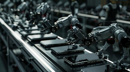 Robotic Assembly of Smartphones: Production Line in a Technology Factory Operating During Daylight Hours