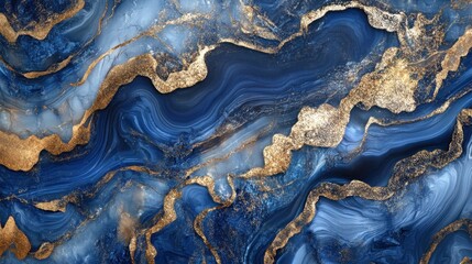 Fototapeta premium A sophisticated fluid art piece in shades of sapphire and gold, with intricate patterns and luxurious metallic accents.