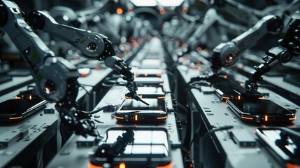 Fototapeta premium Robotic Arms Assembling Smartphones on a Production Line in a Technology Factory During Daylight Hours