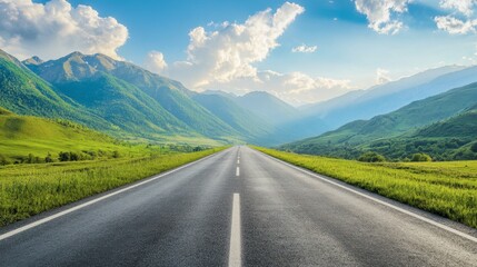 Fototapeta premium A straight asphalt road leading into green mountains, with a bright sky and soft, fluffy clouds on a sunny, clear day.