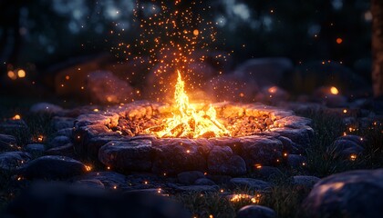 Cozy Evening Glow: Fire Pit with Glowing Embers in Stone Surroundings under Night Sky - Medium Shot