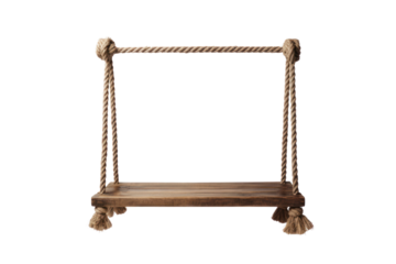 A close-up view of a rustic wooden swing seat with thick rope tied securely, hanging freely against a plain white background