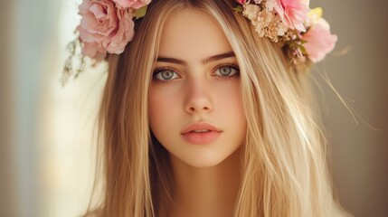 Fototapeta premium A serene portrait of a woman with a flower crown, her long blonde hair flowing softly in a dreamy, blurred scene.