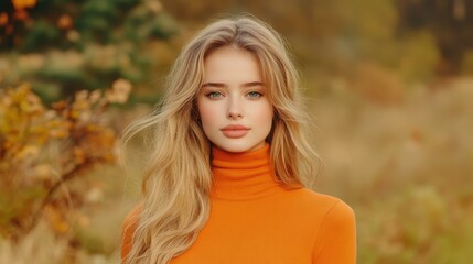 Fototapeta premium A woman in an orange turtleneck stands out with her long blonde hair against a soft, blurred backdrop, radiating warmth and style.