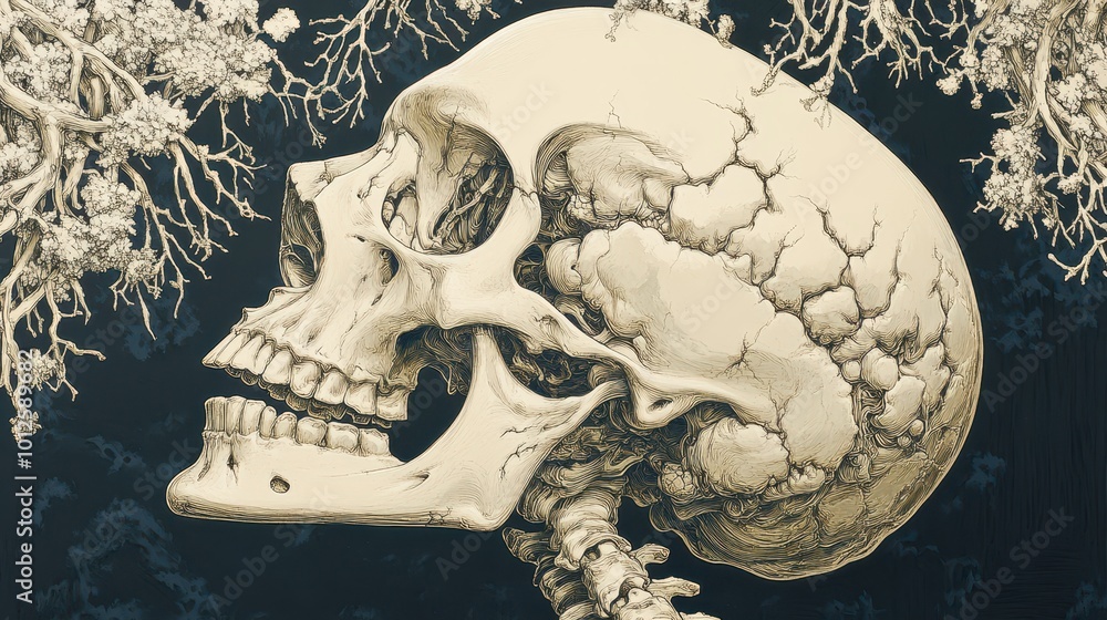 Poster an intricate anatomical depiction highlighting the layered complexity of the human skeletal framewor