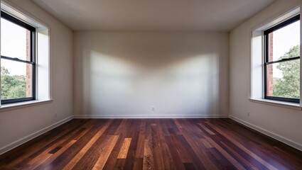 Obraz premium Light-filled empty room highlights polished floor and dual-window features enhancing openness.