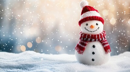 Fototapeta premium Snowman on snowdrift in the winter with copy space Christmas background