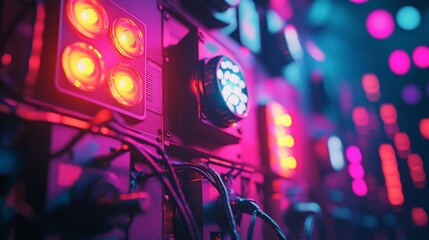Close-up of stage lighting equipment with colorful spotlights and wires.