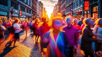 A busy city street scene with crowds and vibrant colors in motion blur.