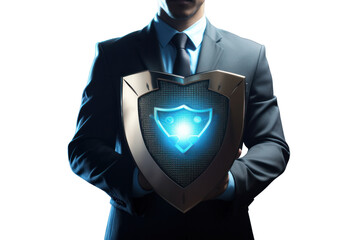 A businessman holding a shield icon symbolizing data protection and cybersecurity isolated on white background