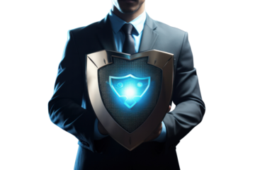 A businessman holding a shield icon symbolizing data protection and cybersecurity isolated on white background