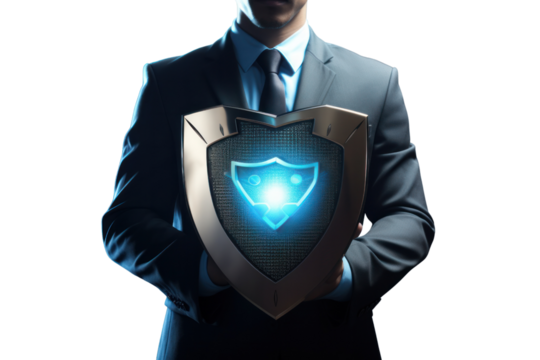 A businessman holding a shield icon symbolizing data protection and cybersecurity isolated on white background