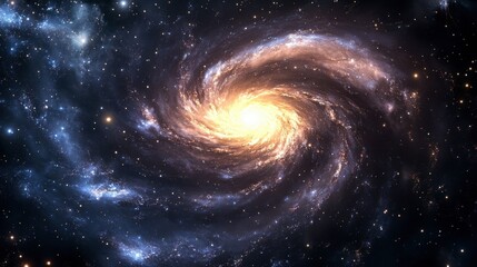 A stunning panorama of a spiral galaxy with swirling arms and bright star clusters, capturing the vastness of the universe.