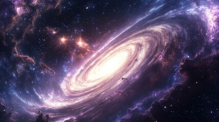 Obraz premium A stunning panoramic galaxy scene with glowing spiral arms, shimmering stars, and deep space hues of purple and blue.