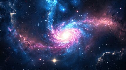 Obraz premium A stunning panoramic view of a distant galaxy with bright stars, swirling nebulae, and deep space colors of blue and pink.