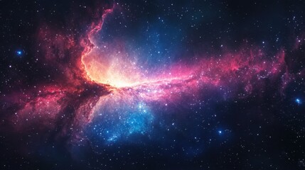 Obraz premium A stunning panoramic view of a distant galaxy with bright stars, swirling nebulae, and deep space colors of blue and pink.