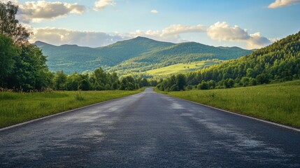 Naklejka premium A sunny day view of an asphalt road leading towards green, forested mountains, with a clear sky and gentle clouds.