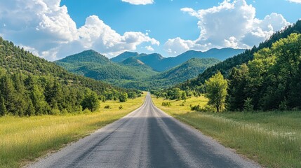 Fototapeta premium A sunny day view of an asphalt road leading towards green, forested mountains, with a clear sky and gentle clouds.