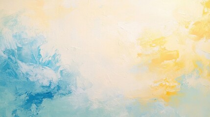 Fototapeta premium A textured paint background in pastel tones of yellow, blue, and white, with gentle brush strokes creating a calming effect.