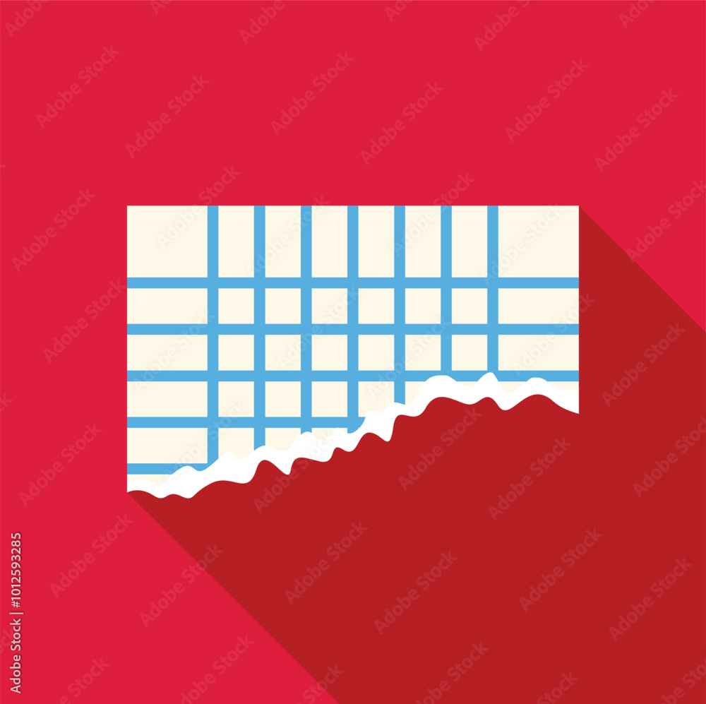 Poster torn piece of white graph paper with blue lines is laying on a red background casting a shadow