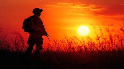Silhouetted Soldier at Sunset