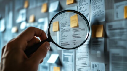 Magnifying glass examining documents and sticky notes on a bulletin board, highlighting detailed analysis, research, and organization. Improve insights.
