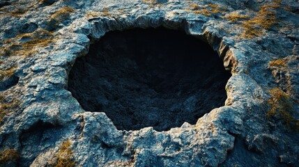 Hole in ground isolated. Deep earth nature land surface texture, dig, pit, burrow, soil