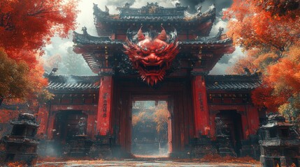 A fierce oni yokai standing guard at the entrance of a temple, painted in bold reds and blacks, contrasting with the delicate landscape around it 