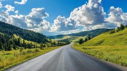 Fototapeta premium A wide asphalt road running through green mountain scenery, with a sunny sky and fluffy white clouds overhead.