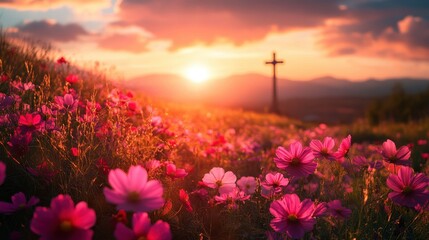 Fototapeta premium Sunset, Ascension Day, vibrant pink and red flowers, a beautiful cross in the distance.