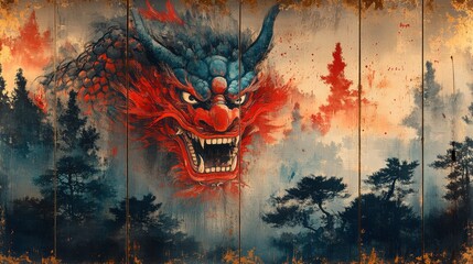 A fierce oni yokai standing guard at the entrance of a temple, painted in bold reds and blacks, contrasting with the delicate landscape around it 