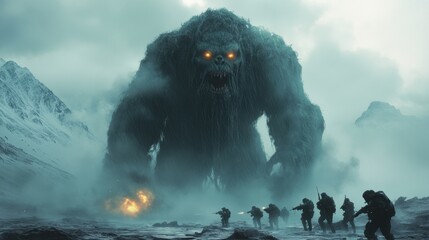 A giant, monstrous figure with glowing, angry eyes towering over a group of soldiers, who are shooting at it as rain falls heavily around them 