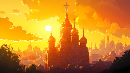Ancient russian orthodox cathedral with towering dome and cross, bathed in the golden glow of the setting sun against a backdrop of a bustling city. Russian Cathedral. Illustration