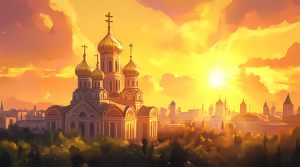 Ancient russian orthodox cathedral with towering dome and cross, bathed in the golden glow of the setting sun against a backdrop of a bustling city. Russian Cathedral. Illustration