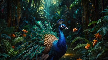 Fototapeta premium A vibrant peacock stands amidst lush green foliage and vibrant flowers in a tropical jungle setting.