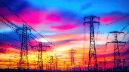 Power Lines Silhouettes Against Vibrant Sunset