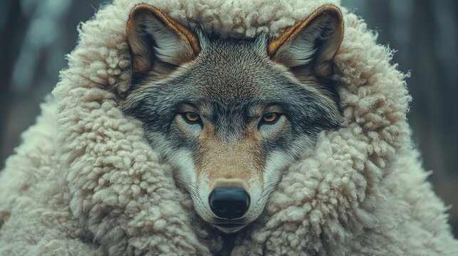 Wolf in sheep costume, an evil disguise of deception and fraud, cunning and dishonesty, with an animal skin of deceit trick, as a metaphor for a predator in danger