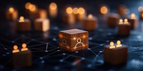 Closeup of a wooden block with a customer focus group icon