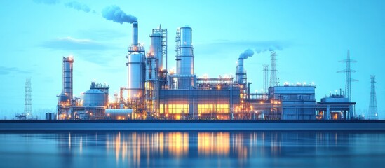 Obraz premium Industrial complex by the water with smokestacks emitting smoke at dusk.
