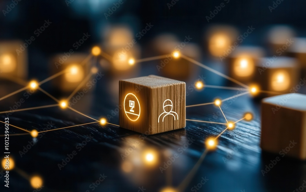 Poster sideangle view of a wooden block with a customer icon