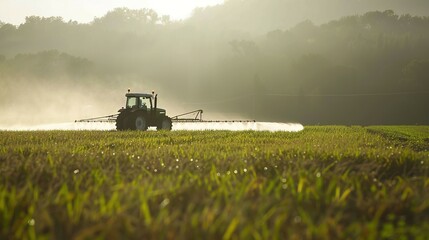 Fototapeta premium Capturing Agricultural Practices: A Tractor Spraying Pesticides on a Corn Field During Spring's Growing Season