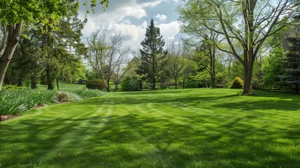Obraz premium A neatly trimmed lawn with vibrant green grass, perfect for a summer background