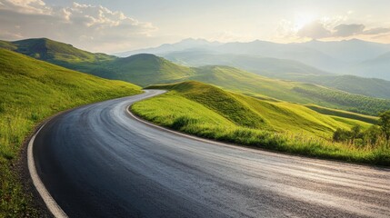 A winding asphalt road through green mountain terrain, under a clear sky with light, scattered clouds on a sunny day.