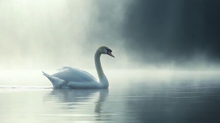 Floating elegantly a white swan drifts through the fog on a tranquil lake