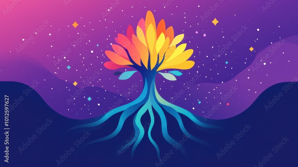 Sticker Discover bold and colorful tree roots in this modern logo design a perfect blend of cartoon elements and flat illustration.