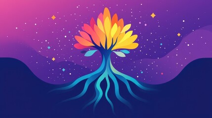 Discover bold and colorful tree roots in this modern logo design a perfect blend of cartoon elements and flat illustration.