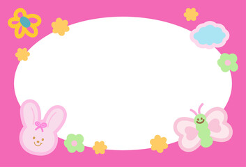Cute pink frame with bunny, butterfly, flower, cloud for polaroid frame, happy easter, animal, zoo, social media, post card, rectangle ad template, book cover, sticky note, banner, name tag, rabbit